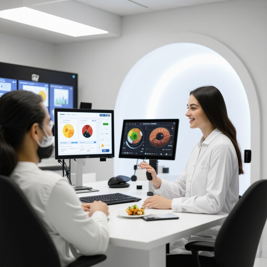 Futuristic NJ clinic with AI telehealth, biomarker data, and nutritional plans for tirzepatide treatment