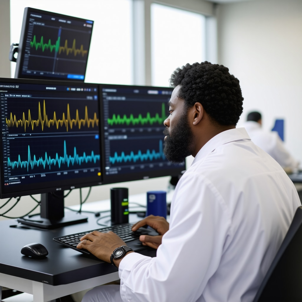 Physician reviewing metabolic data with patient wearing continuous glucose monitor in a modern clinic setting