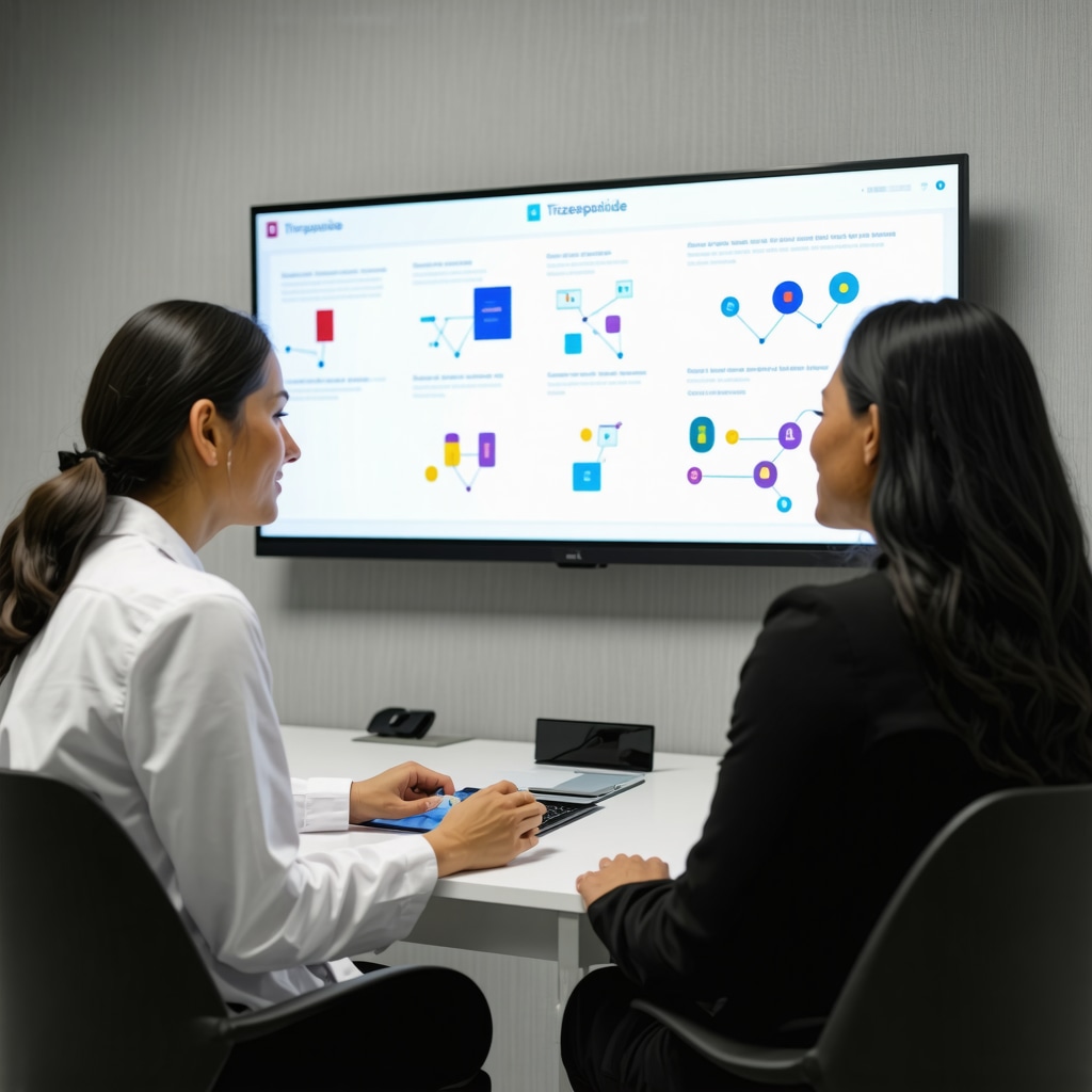 Physician explaining Tirzepatide treatment details to patient using digital charts in a modern medical clinic