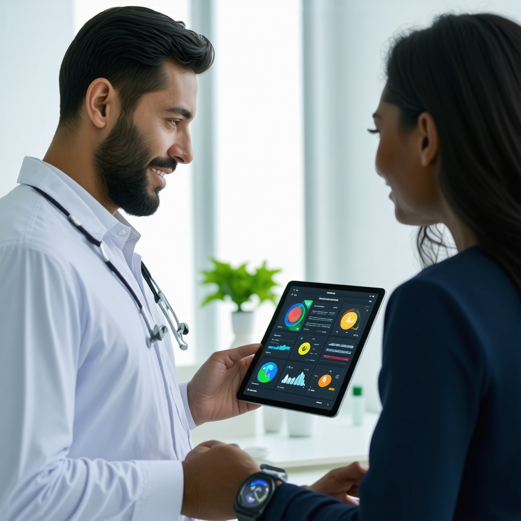 Physician reviewing digital health data and patient using wearable device during Tirzepatide therapy