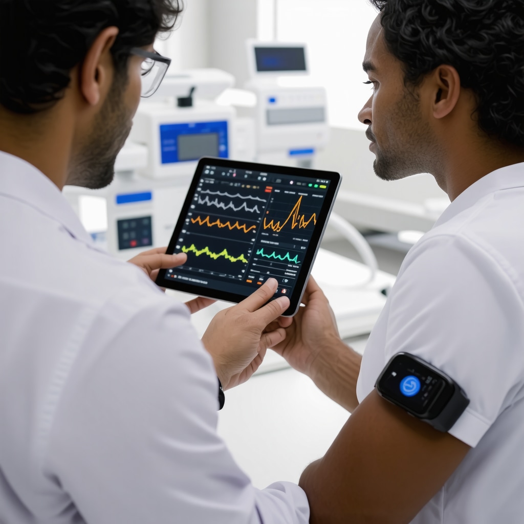 Healthcare professional reviewing biomarker data with patient wearing glucose monitor and fitness tracker in a clinical environment
