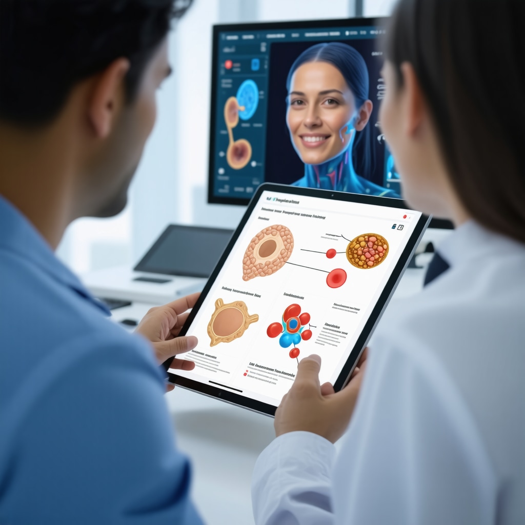 Healthcare professional and patient reviewing tirzepatide treatment data with graphics of brown adipose tissue and neuroendocrine pathways