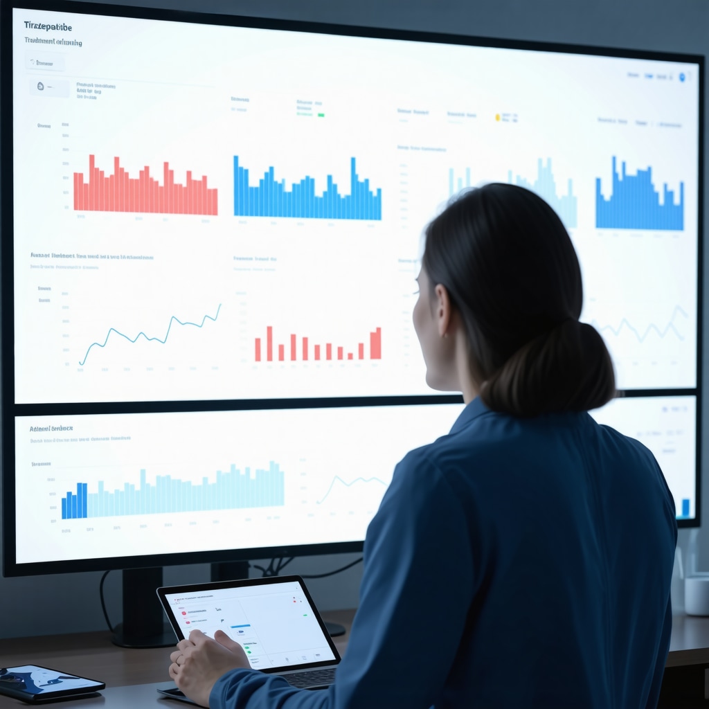 Digital dashboard showing tirzepatide adherence, biomarker trends, and lifestyle data for obesity management