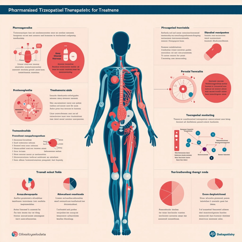 Illustration depicting personalized tirzepatide weight loss treatment incorporating genetic data, digital health tools, and biomarker monitoring in a multidisciplinary clinical environment
