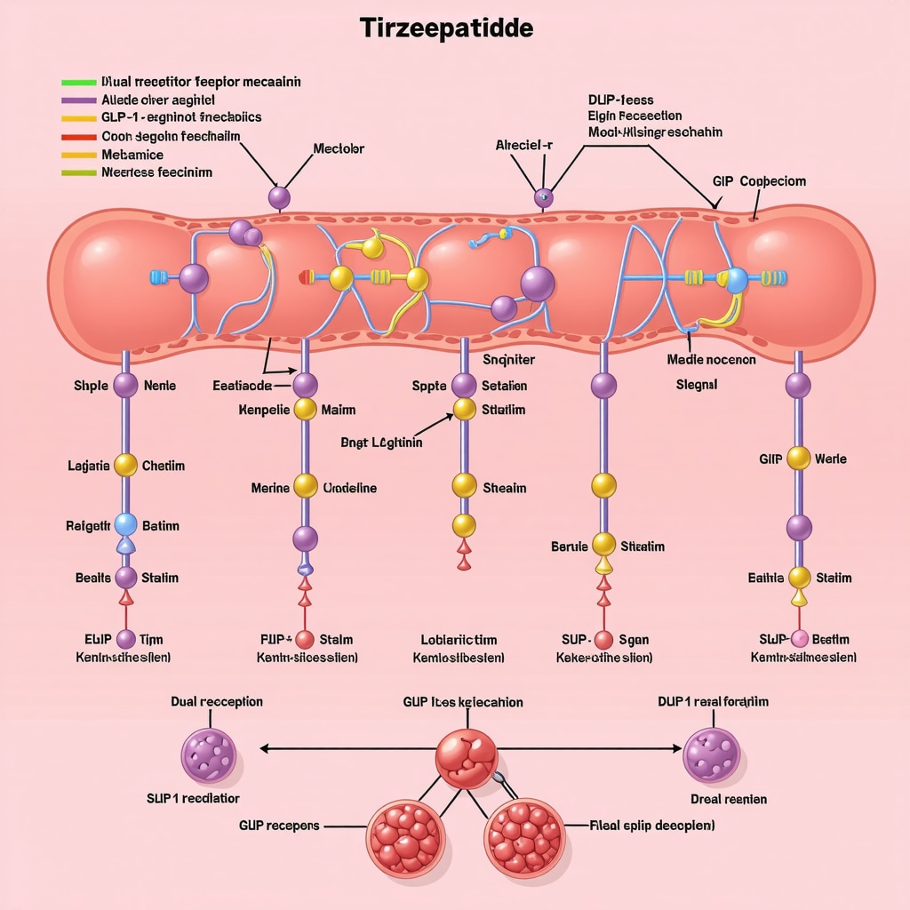 Diagram showing tirzepatide activating GLP-1 and GIP receptors with downstream metabolic and neuroendocrine effects