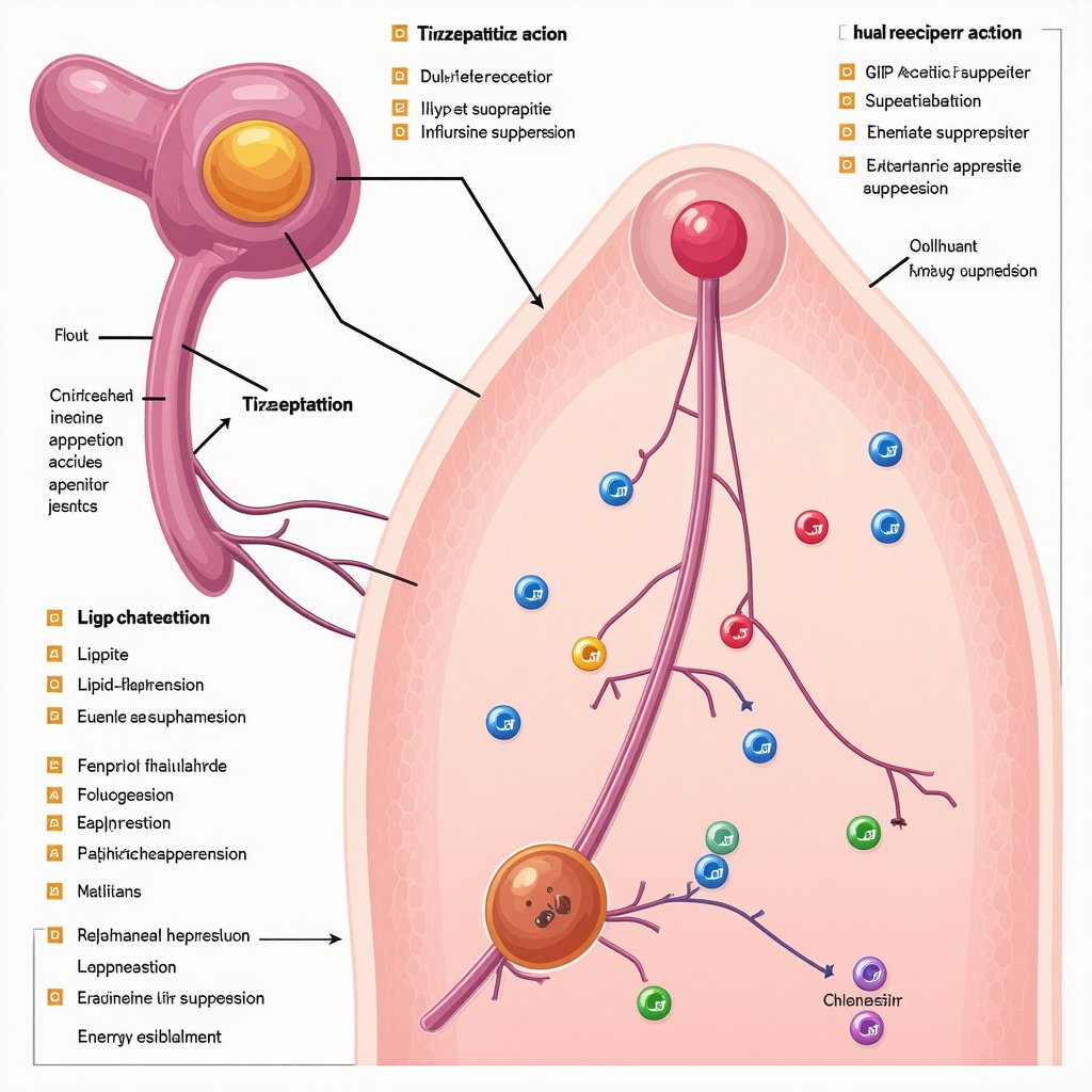 Diagram showing Tirzepatide's activation of GLP-1 and GIP receptors affecting metabolic and appetite regulation pathways