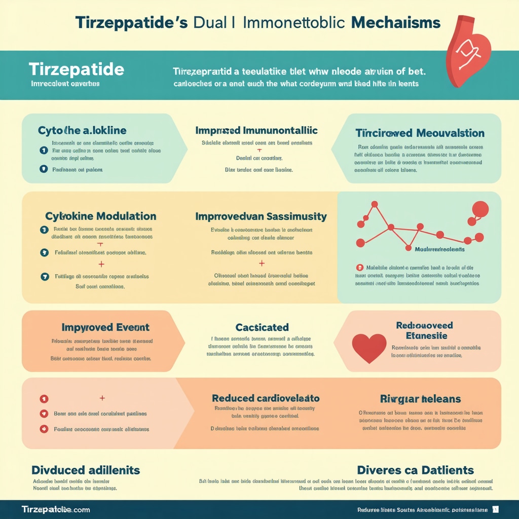 Medical infographic showing Tirzepatide’s mechanisms reducing inflammation and cardiovascular risk