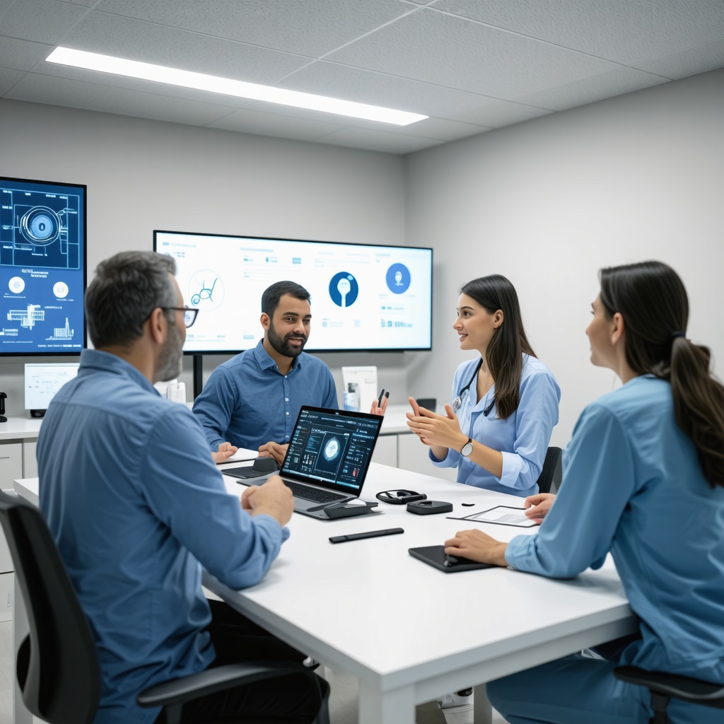 Healthcare professionals reviewing patient biometric data on digital displays, illustrating precision medicine and telehealth for Tirzepatide treatment