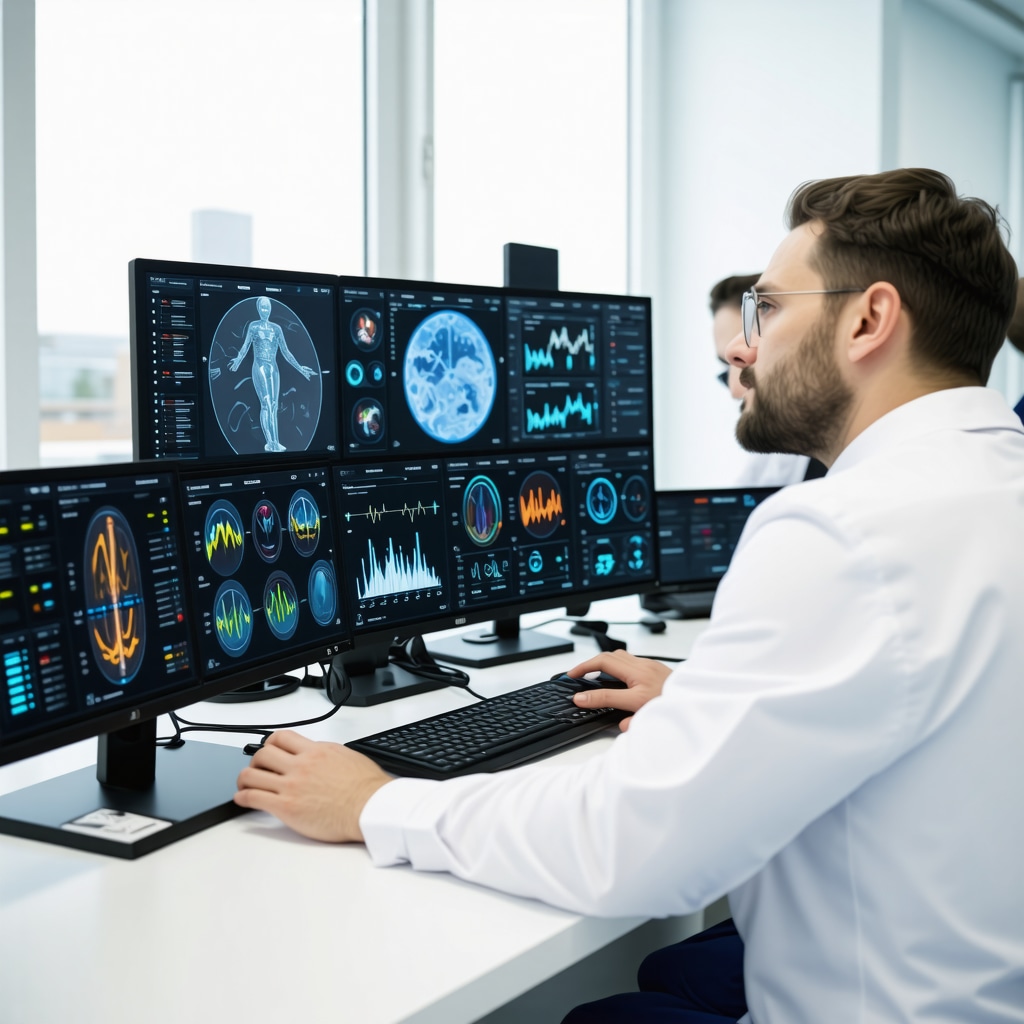 Healthcare professionals reviewing patient data with digital monitors and wearable devices in a clinical environment