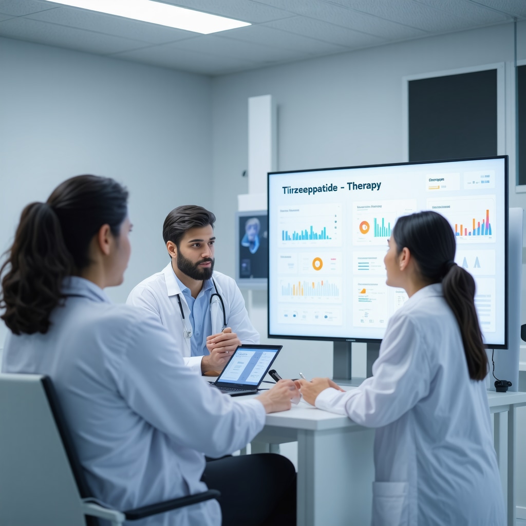 Medical professionals analyzing digital health data with patient during Tirzepatide therapy consultation