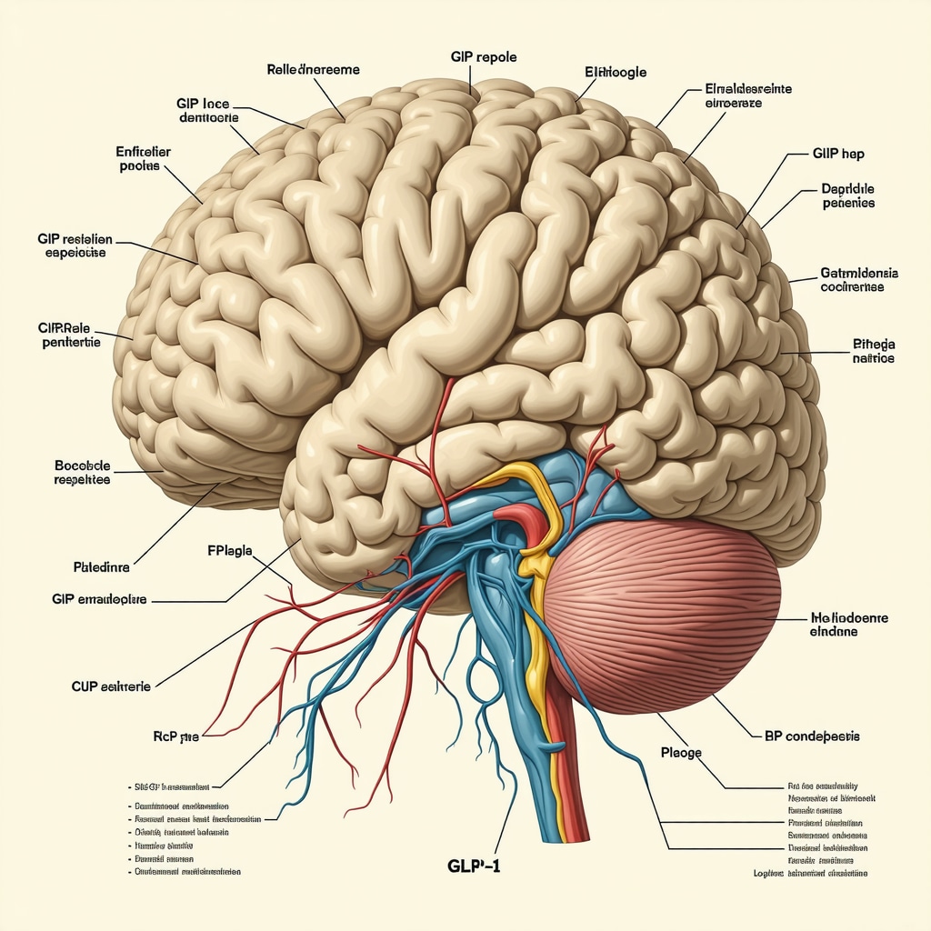 Diagram showing brain regions and metabolic pathways influenced by tirzepatide for weight management