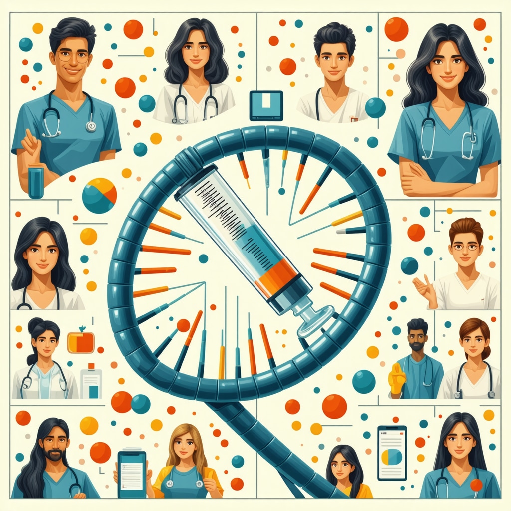 Genetic helix and syringe symbolizing precision dosing of Mounjaro in diverse patient populations