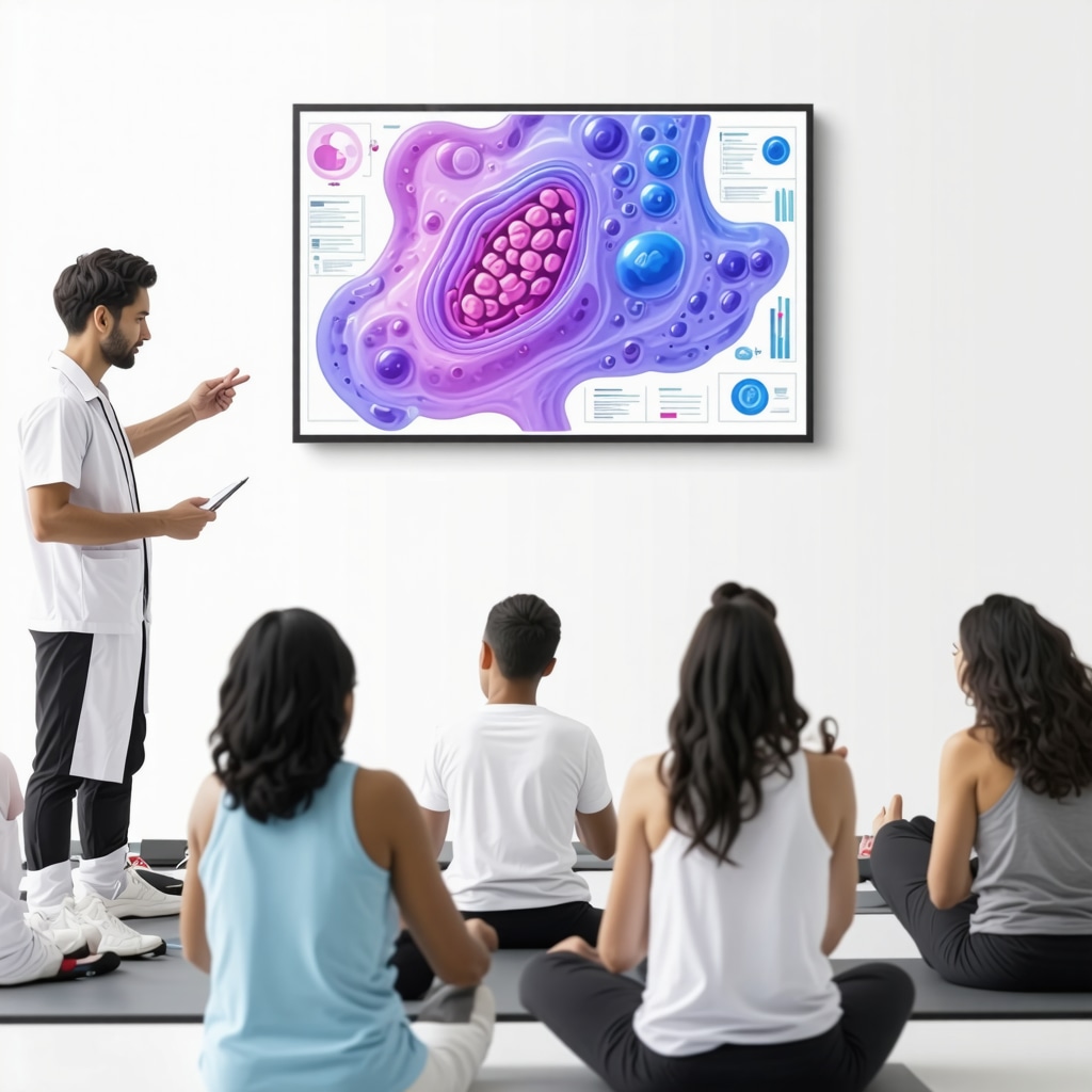 Patients performing tailored exercise under medical supervision with graphical overlay of gut microbiota