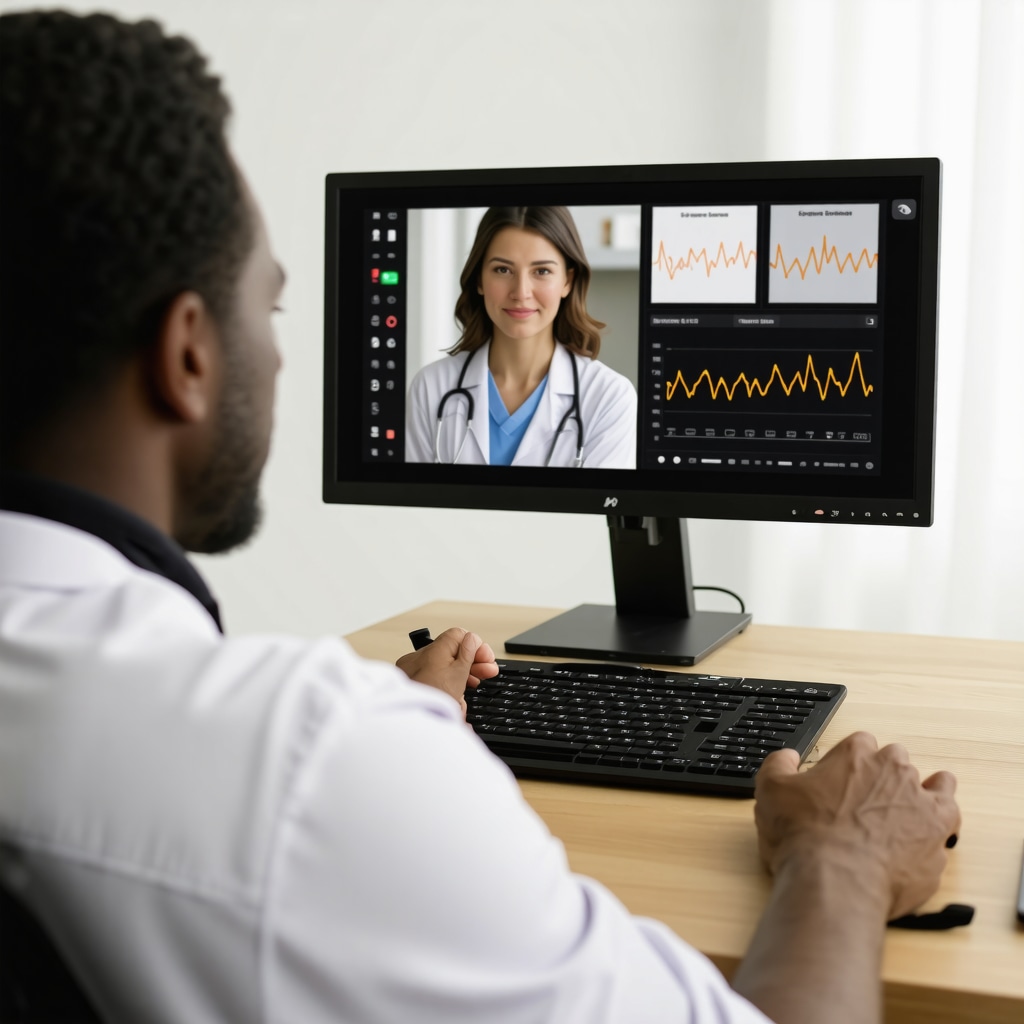 Patient consulting doctor via telemedicine with digital analytics on screen showing weight loss and biomarker data