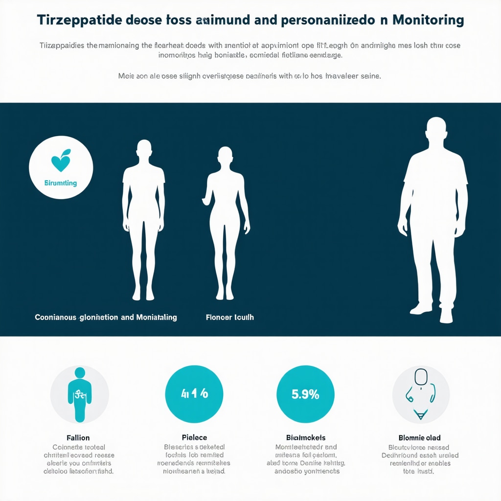 Infographic illustrating tirzepatide dose adjustments and patient monitoring with glucose sensors and biomarker data.