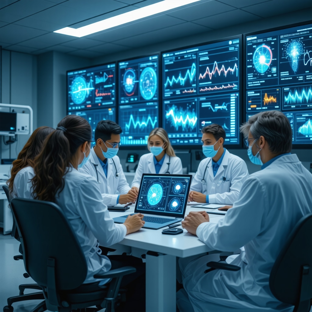 Healthcare professionals analyzing AI-powered dashboards with genomic and biomarker data for patients undergoing Tirzepatide therapy