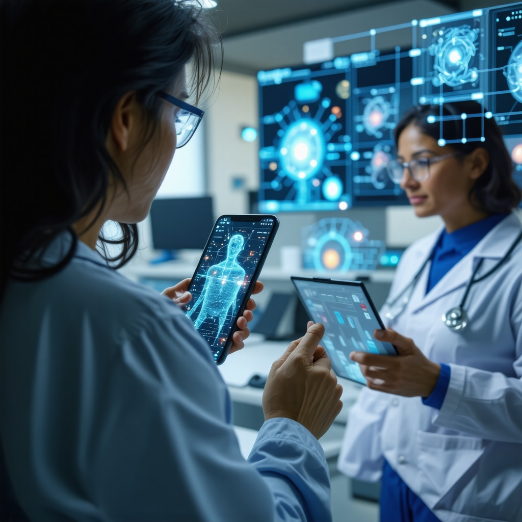 Patient using digital health app with AI data visualization in clinical setting