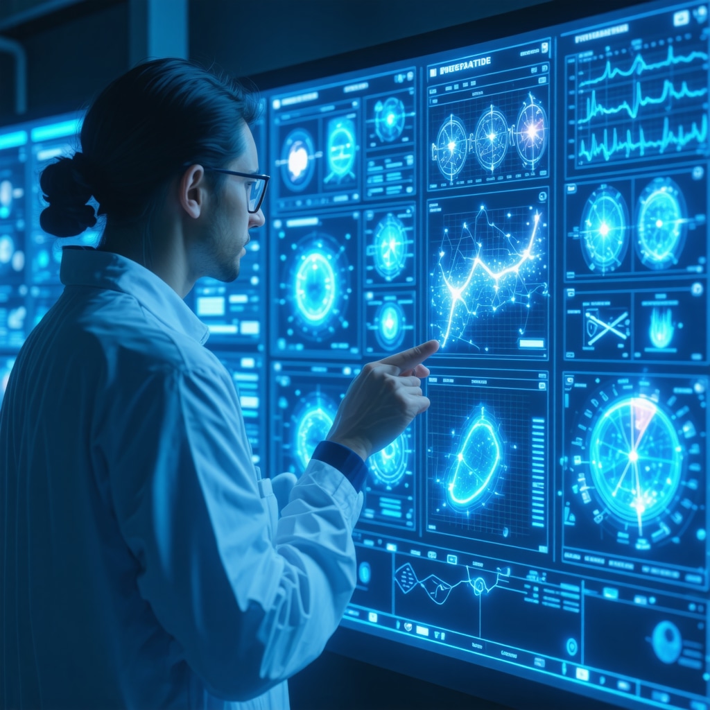Healthcare professional reviewing AI and genomic data on transparent digital screen for Tirzepatide weight loss optimization