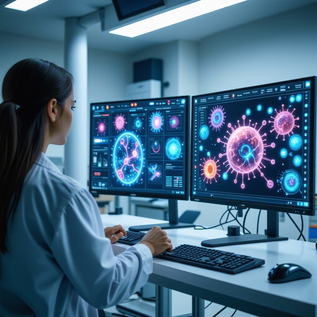 Healthcare professional reviewing AI analytics and biomarker profiles for personalized tirzepatide treatment in a modern clinical environment