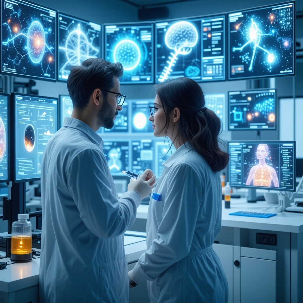Physician reviewing AI-powered genomic and epigenetic data on digital screens while patient undergoes Tirzepatide treatment
