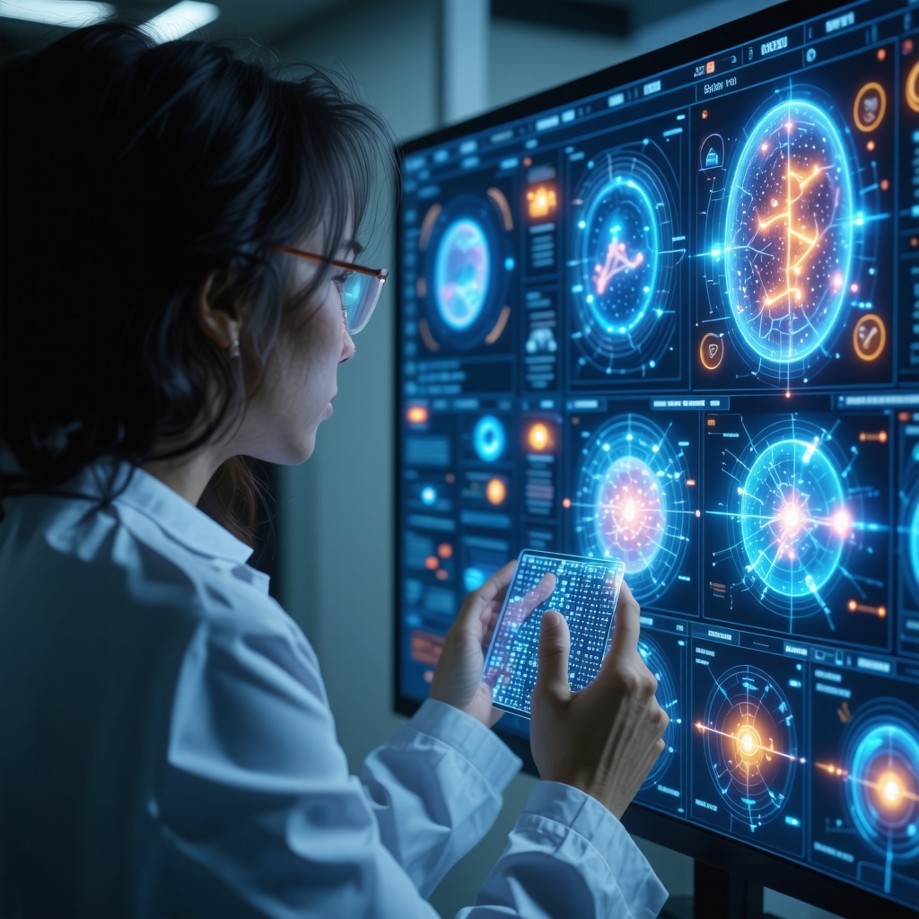 Healthcare professional analyzing AI data and genetic profiles for personalized Tirzepatide therapy with diverse patient in clinical setting