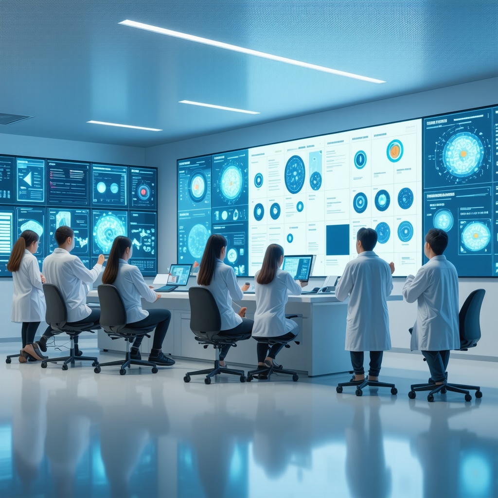Clinicians reviewing genomic data and AI models for personalized Tirzepatide treatment in a futuristic medical setting