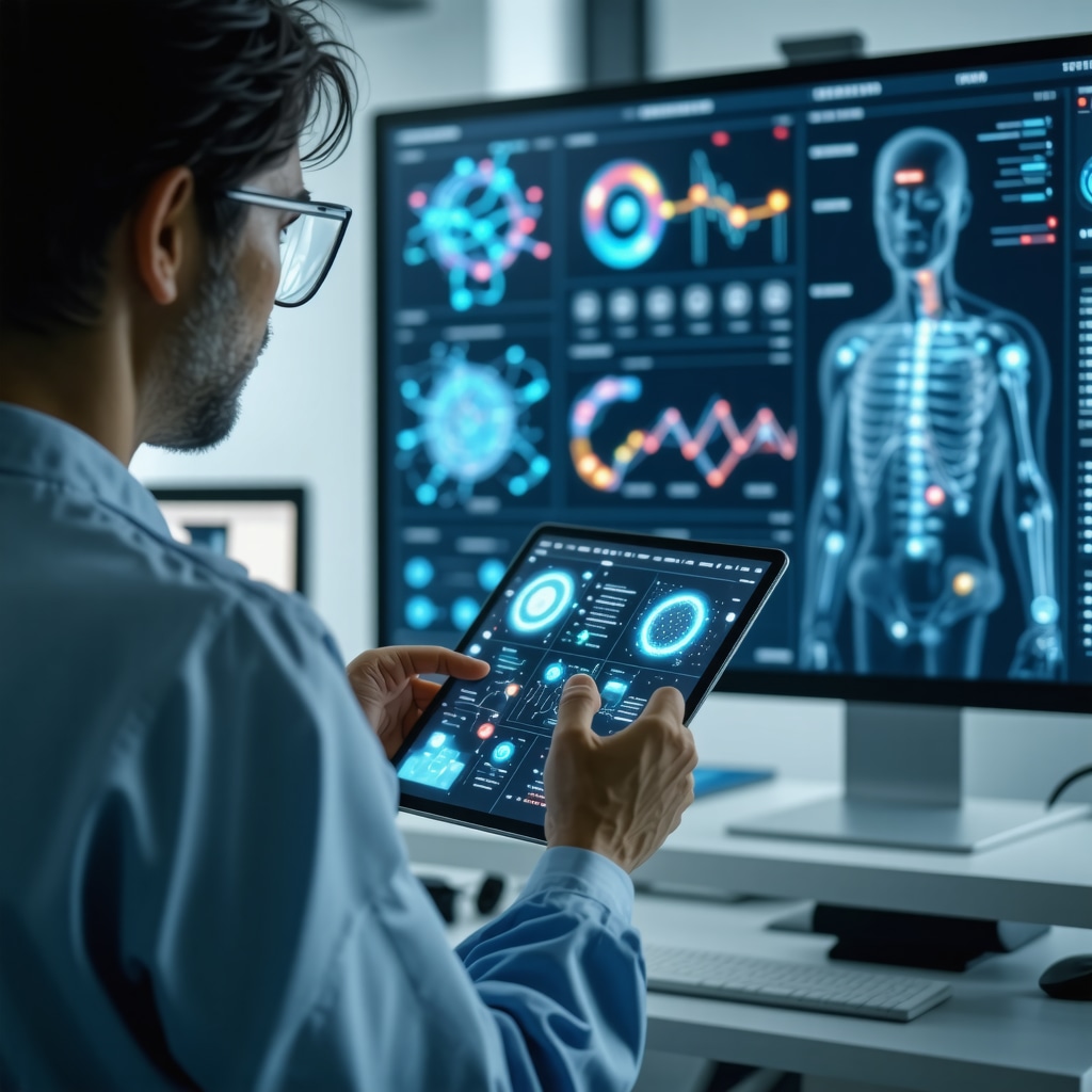 Healthcare professional reviewing genomic and metabolic biomarker data with AI-assisted tirzepatide dosing display