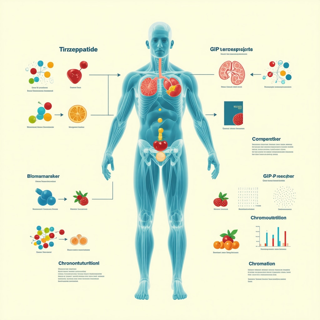 Medical infographic showing tirzepatide dual hormone receptor action and personalized biomarker-based dosing strategies with chrononutrition charts
