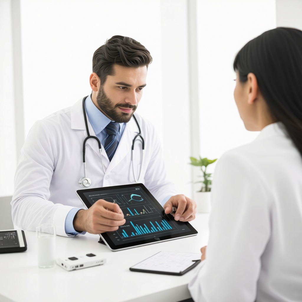 Doctor and patient reviewing tirzepatide biomarker data and digital health tools in NJ weight loss clinic