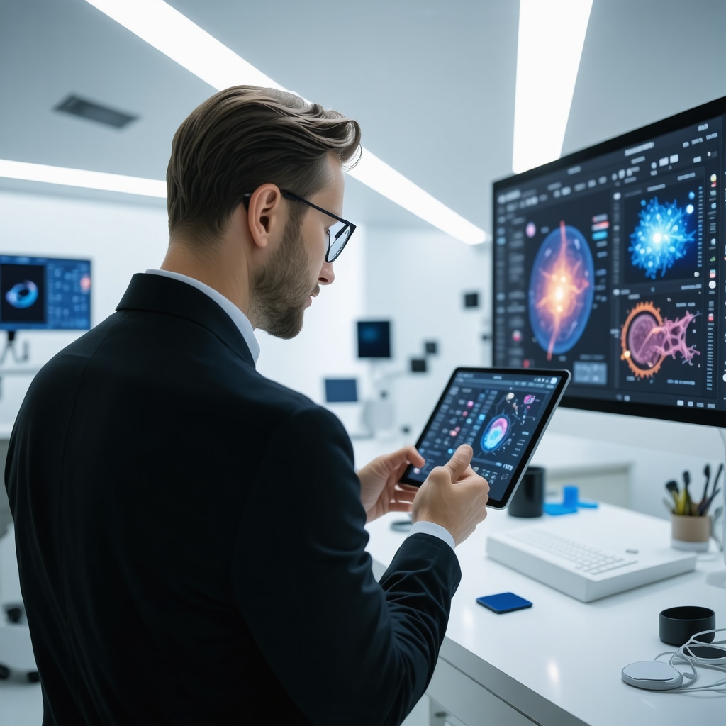 Clinician reviewing biomarker data and AI analytics on digital tablet for personalized tirzepatide treatment in a modern New Jersey clinic