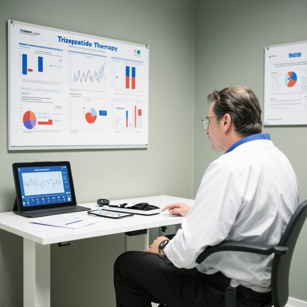 Clinician and patient discussing tirzepatide treatment with digital health tools and educational materials in a NJ clinic