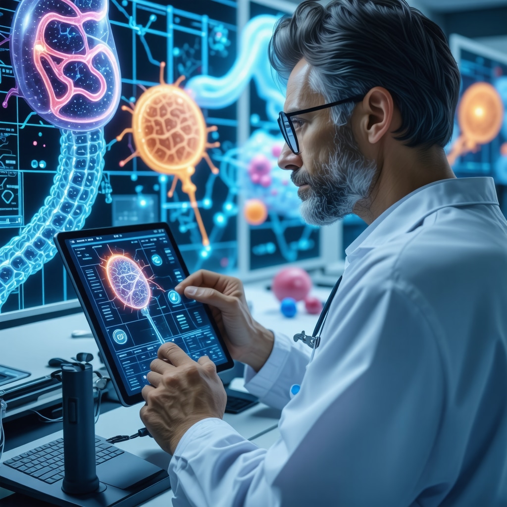 Doctor reviewing patient metabolic and microbiome data with tirzepatide molecular visualizations