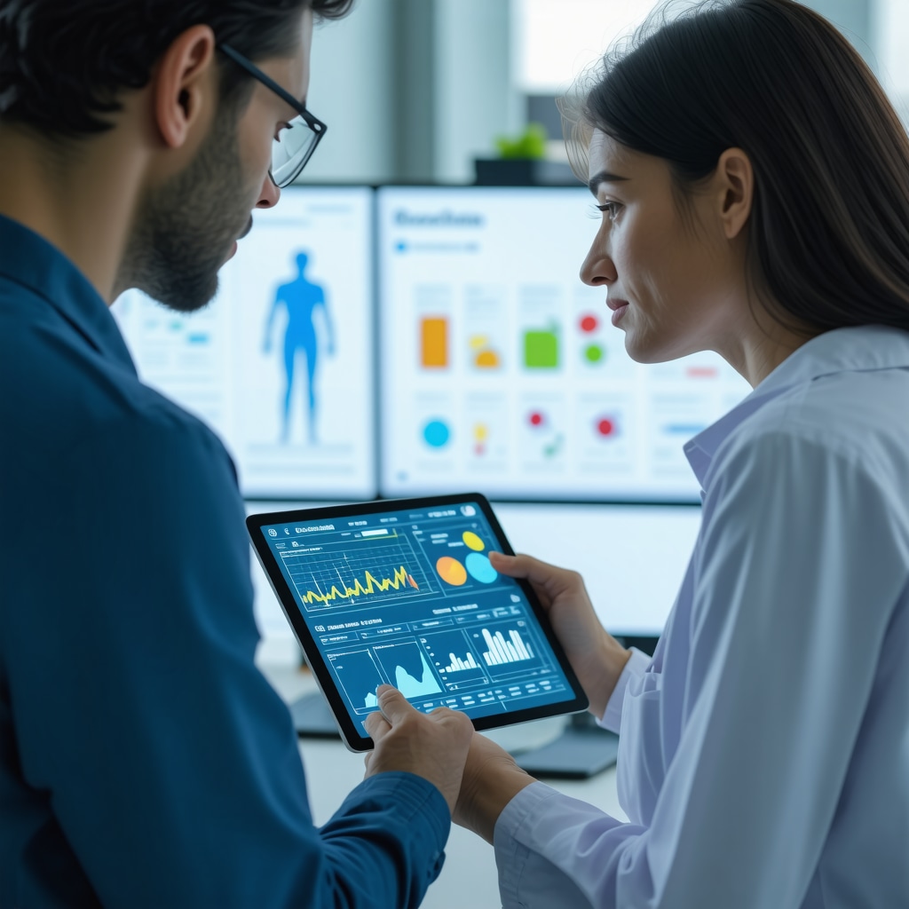 Physician and patient reviewing digital health data with graphs of glucose and diet plans