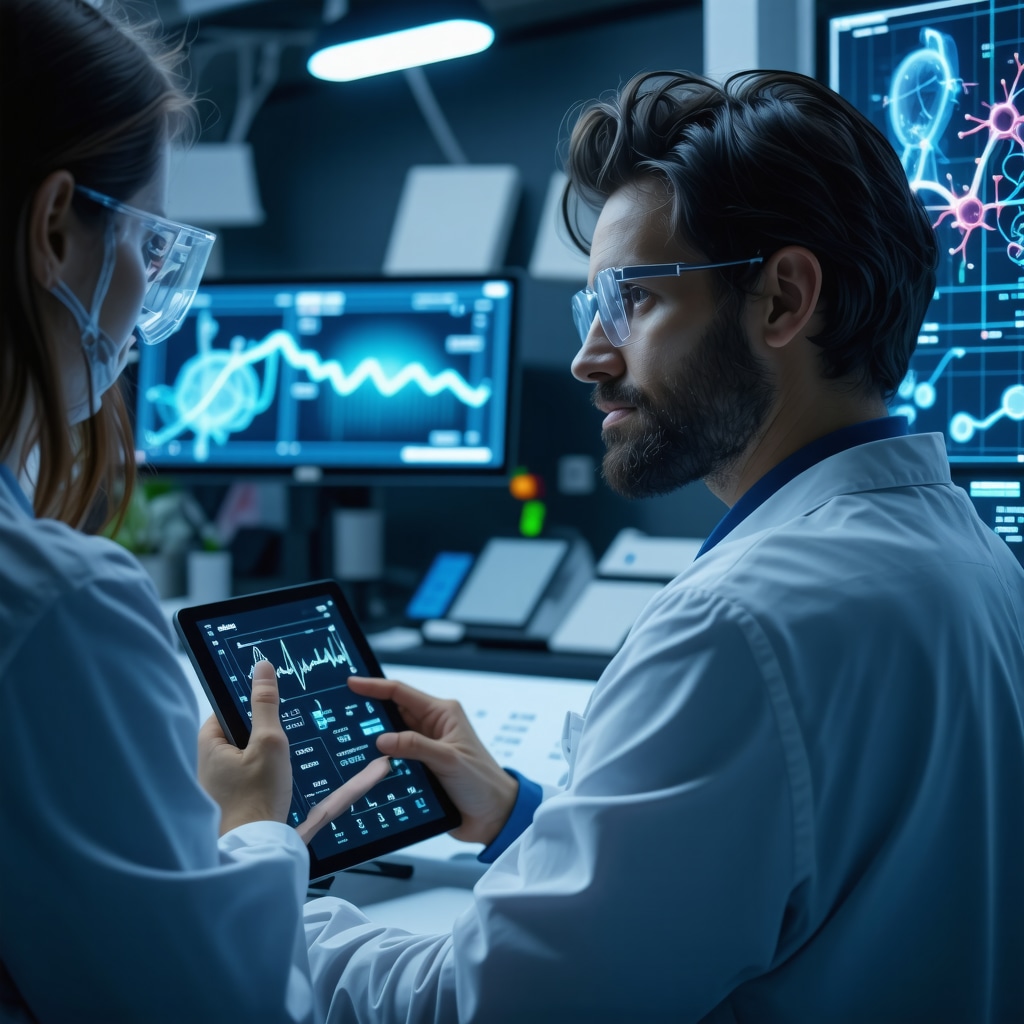 Patient using continuous glucose monitor with healthcare provider analyzing data and AI metabolic graphs in a modern clinic