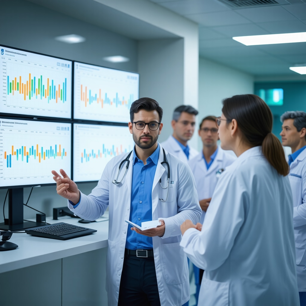 Physician analyzing pharmacogenomic and biomarker data on digital displays in a clinical obesity management setting