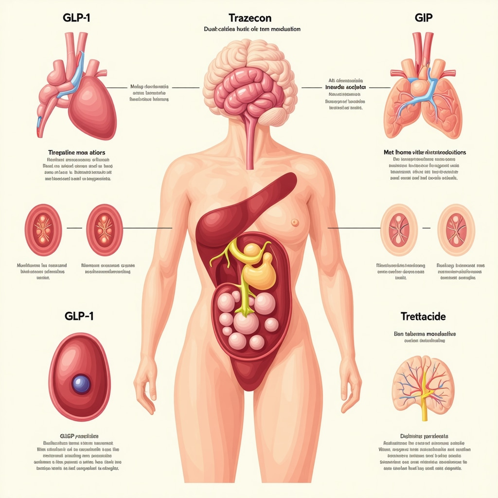 Infographic showing tirzepatide's dual agonist effects, metabolic synergy, and impact on the gut-brain axis for weight loss
