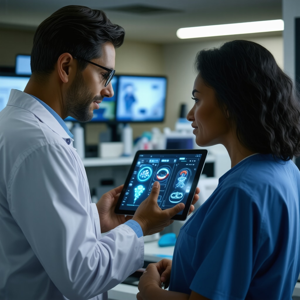Healthcare professional reviewing wearable device data to optimize tirzepatide dosing in a patient