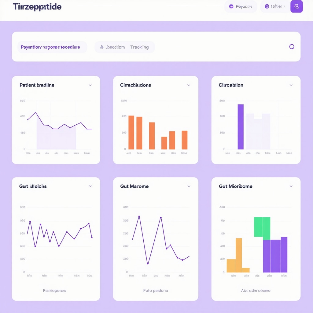 Digital dashboard displaying Tirzepatide treatment schedules, symptom tracking, circadian rhythm data, and microbiome analytics in a weight loss clinic