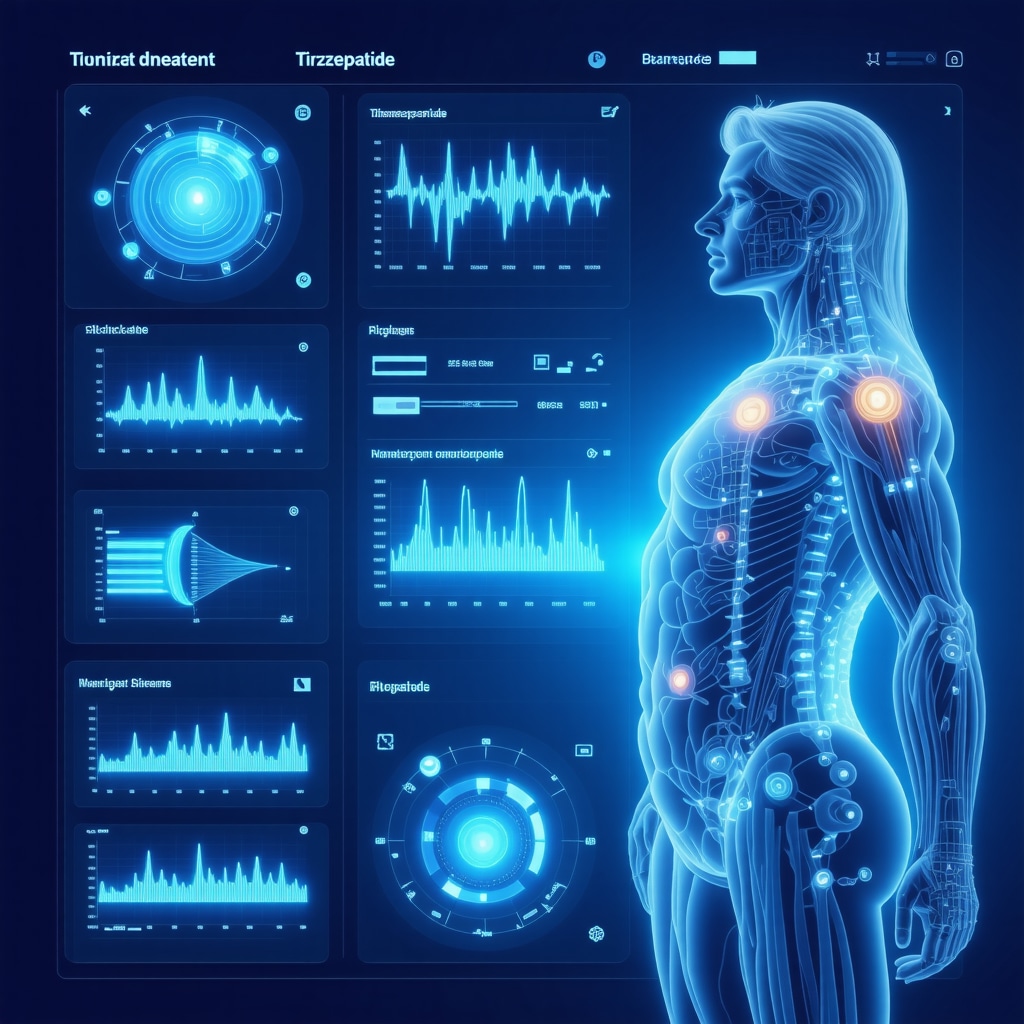 Futuristic digital health dashboard showing biometric data and genomic profiles for personalized Tirzepatide obesity treatment