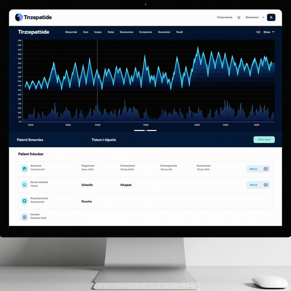 Digital dashboard showing tirzepatide injection tracking, biomarker charts, and lifestyle data for weight loss management