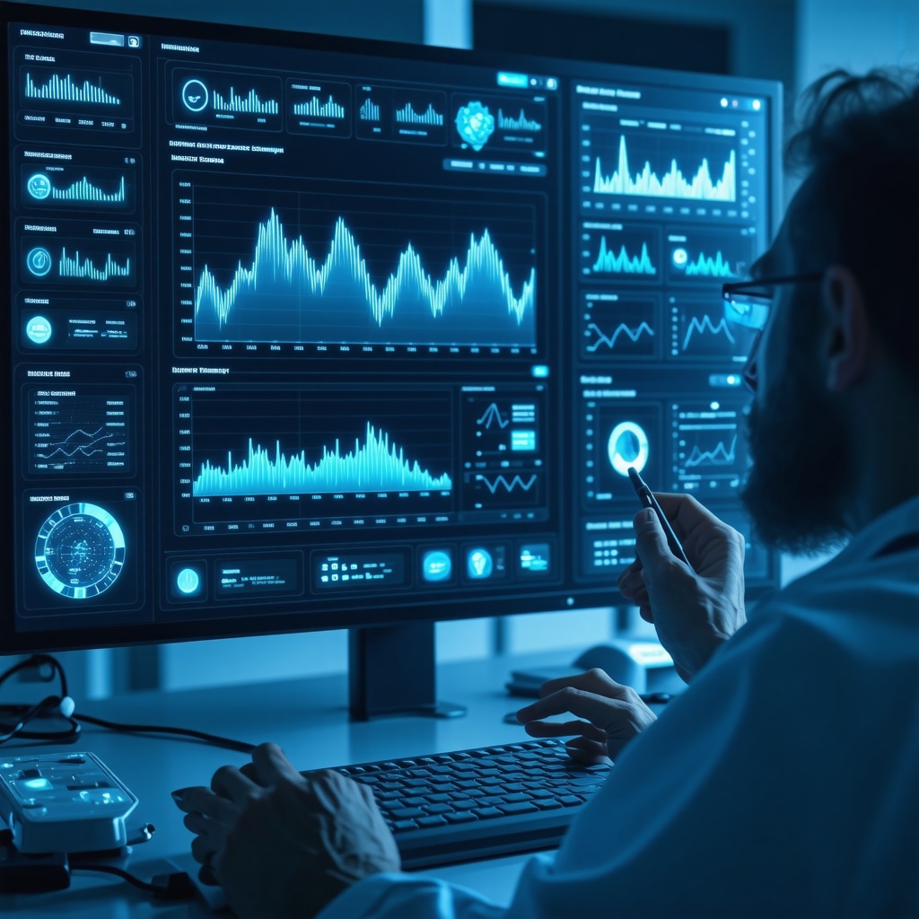 A healthcare provider reviewing real-time tirzepatide therapy data on a digital dashboard including glucose monitoring and genetic information
