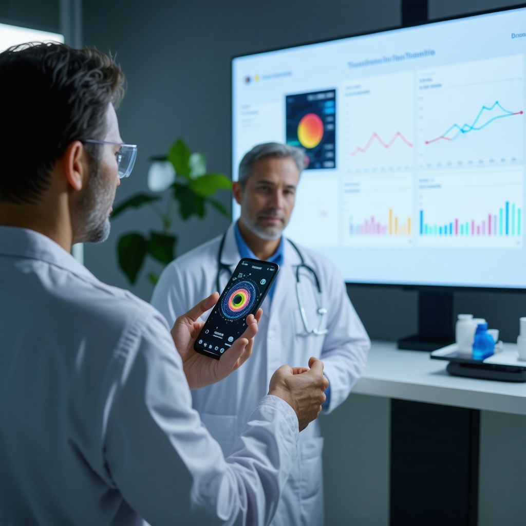 Patient using mobile app and doctor reviewing metabolic data for tirzepatide treatment optimization
