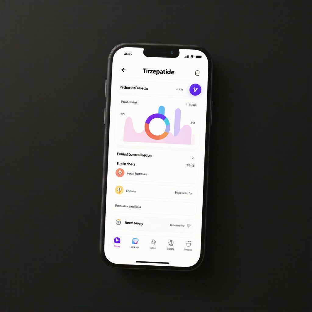 Screenshot of a mobile app displaying tirzepatide dosing schedule, metabolic metrics, and telehealth consultation options