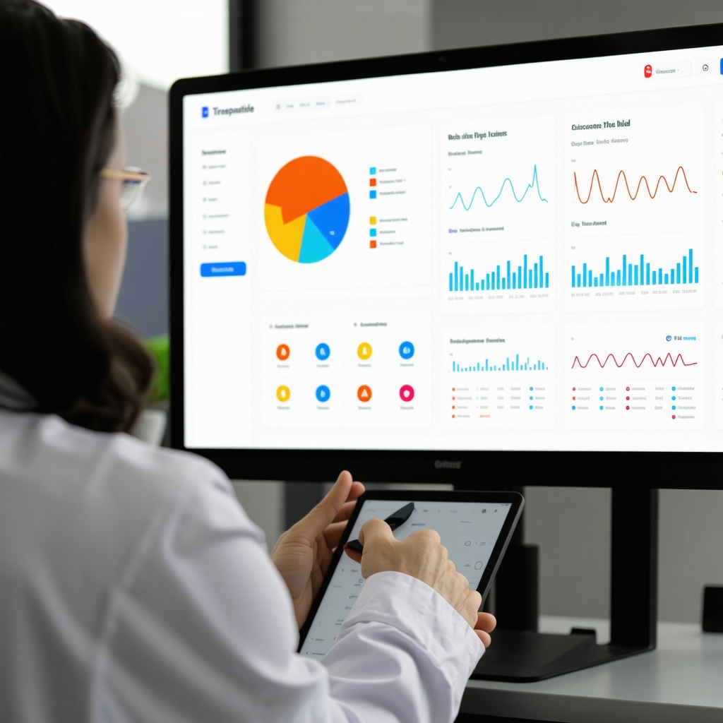 Physician analyzing digital health dashboard with genetic data and patient metrics for personalized Tirzepatide therapy in New Jersey