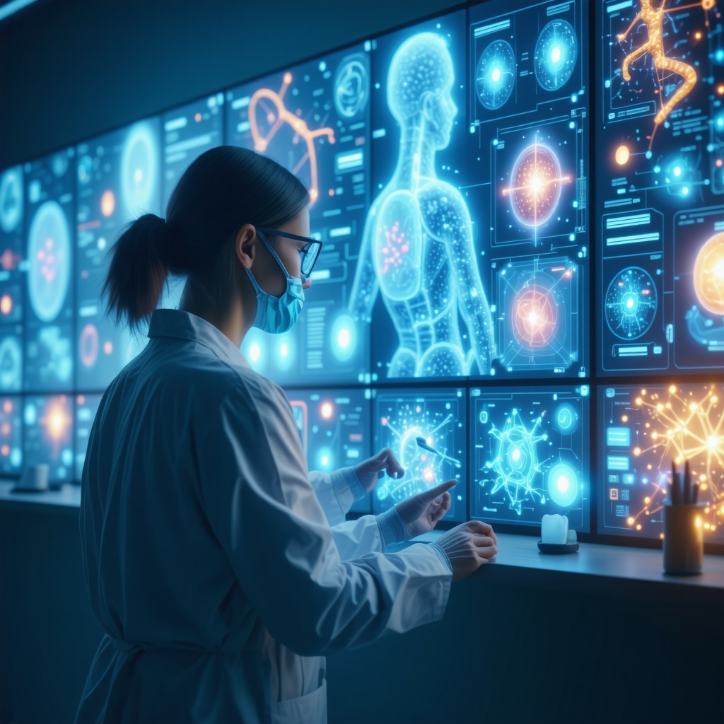 Clinician analyzing genetic and digital health data on holographic screens for personalized tirzepatide treatment