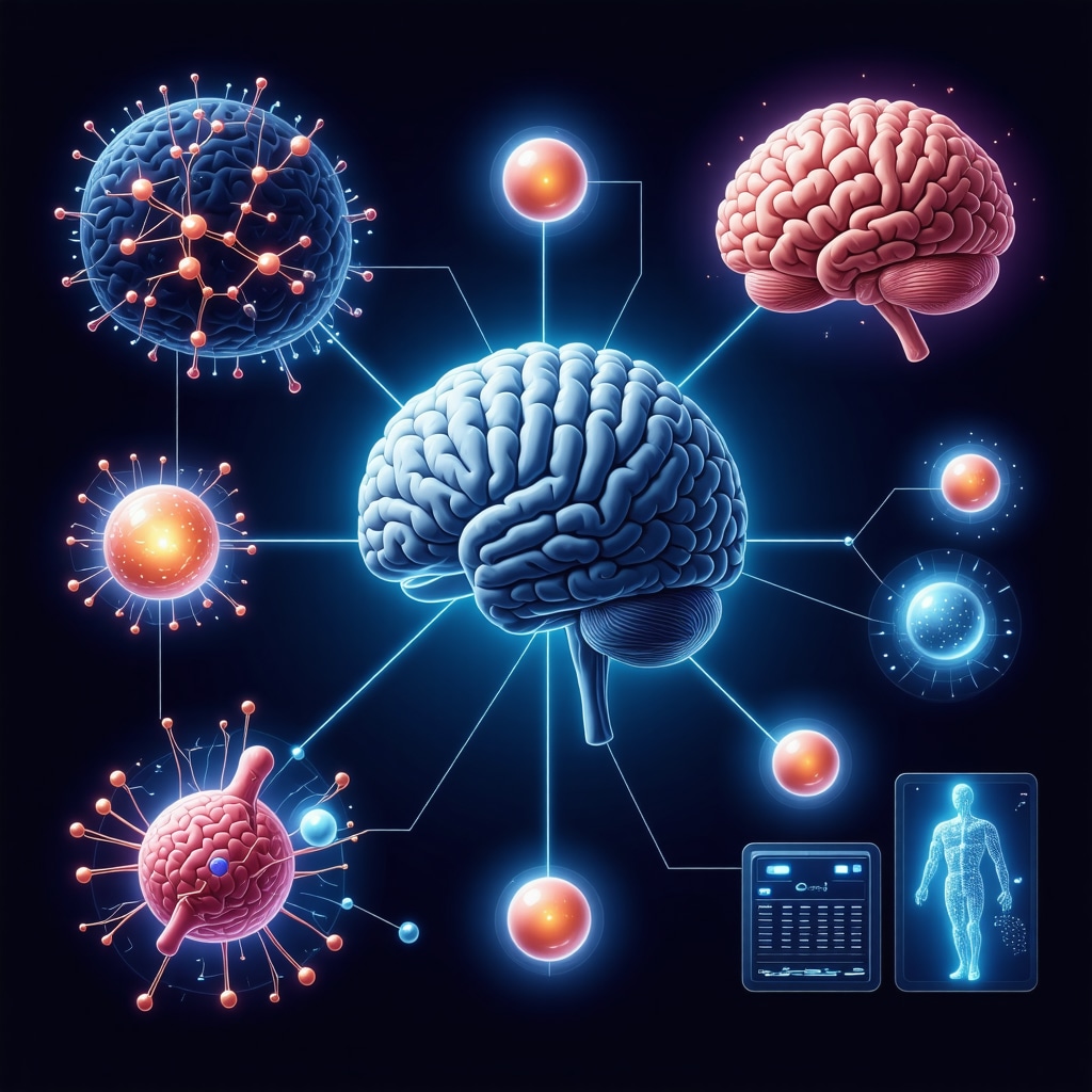 Medical illustration showing Tirzepatide molecule connected to genetic data charts, brain neuroendocrine pathways, and smartphone digital health app