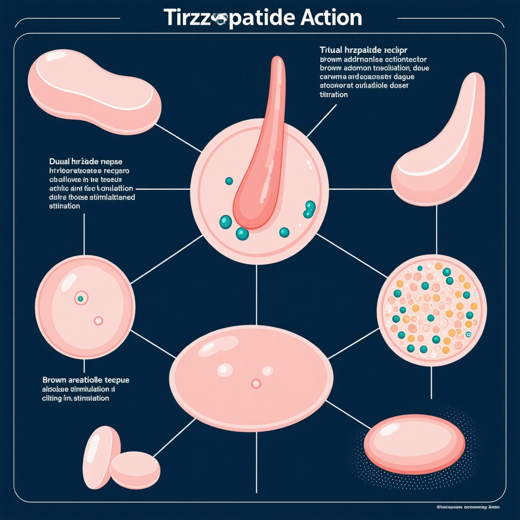 Detailed infographic depicting tirzepatide's dual hormone action, BAT activation, and personalized dosing in clinical care