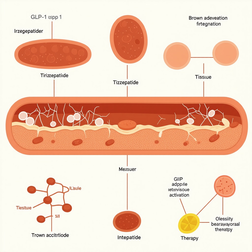 Diagram showing tirzepatide dual receptor activation, metabolic effects, and combined lifestyle interventions in obesity treatment