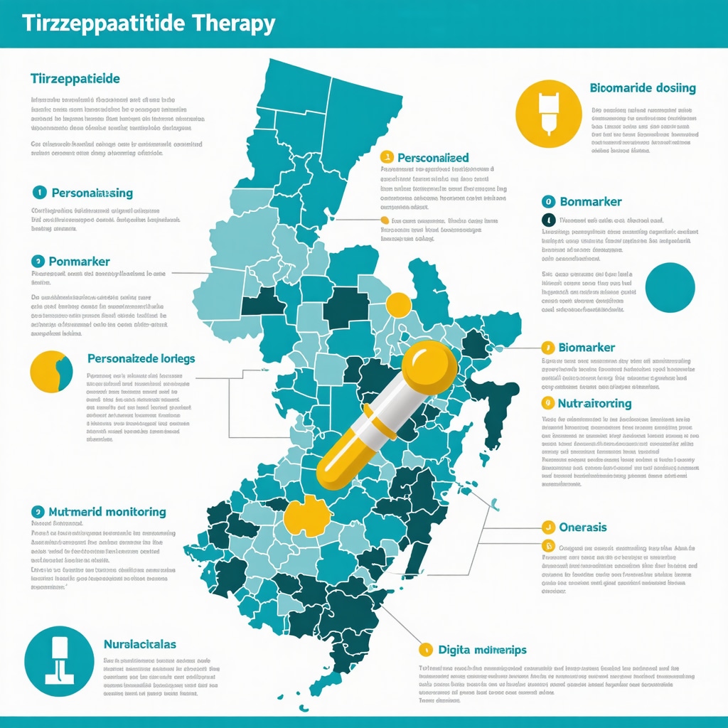 Infographic showing personalized tirzepatide dosing, biomarker monitoring, nutraceutical use, and digital health platform in New Jersey clinical context