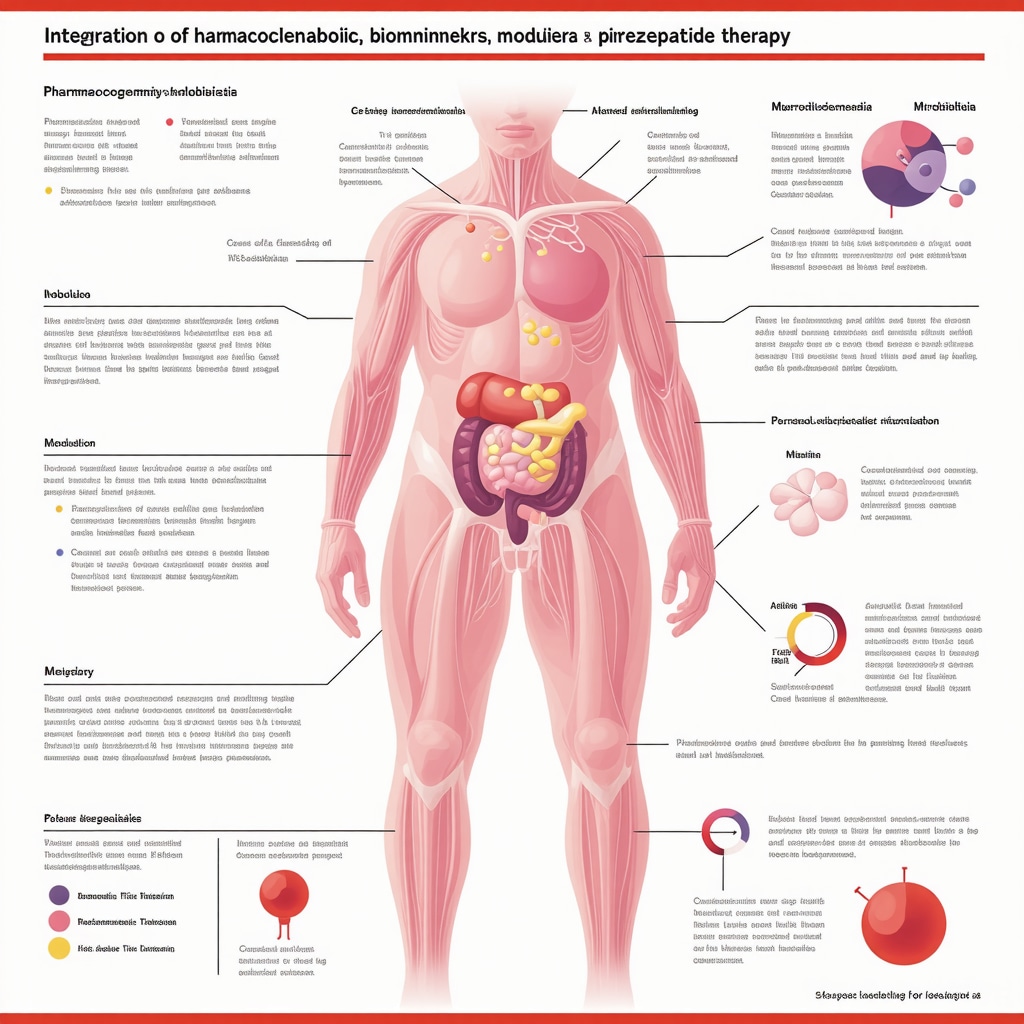 Infographic depicting pharmacogenomics, metabolic biomarkers, and microbiota modulation in tirzepatide obesity treatment